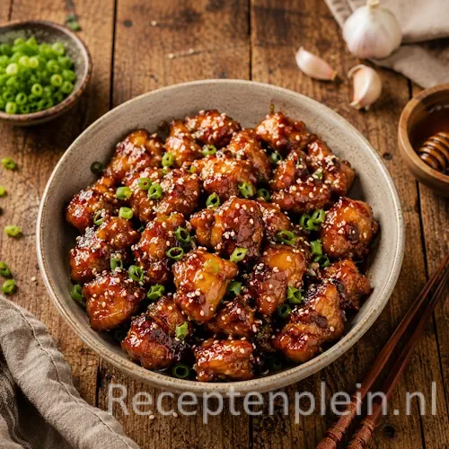Sticky Honey Garlic Chicken Bites op een rustieke houten tafel