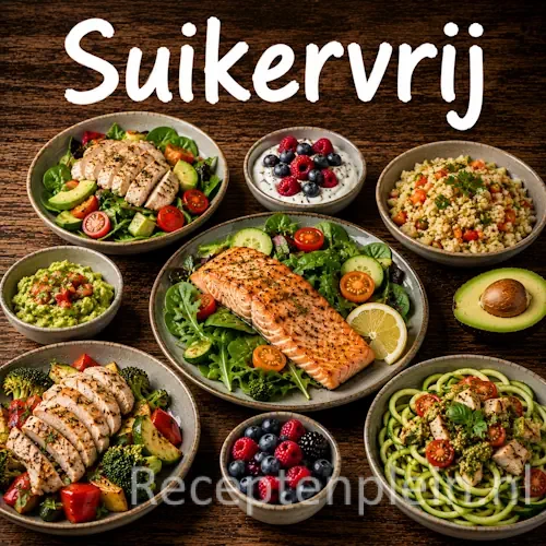 Suikervrije recepten op een rustieke houten tafel.