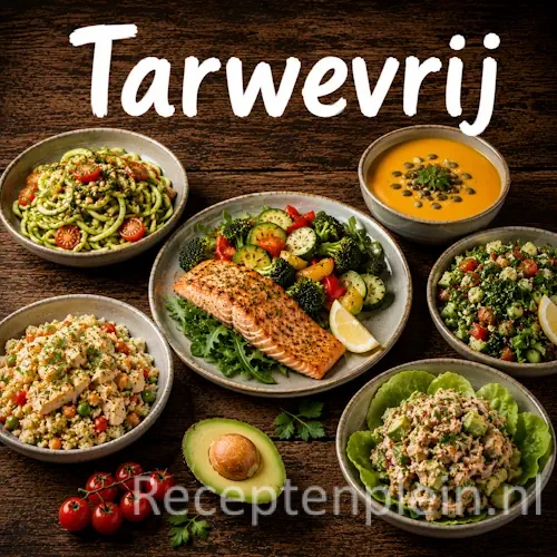 Tarwevrije recepten op een rustieke houten tafel.