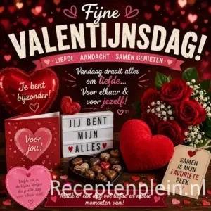 Valentijnsdag recepten op een rustieke houten tafel met romantische desserts en luxe hapjes.