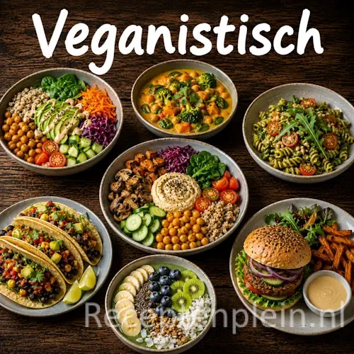 Veganistische recepten op een rustieke houten tafel.