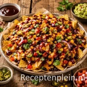 vegetarische BBQ nacho’s op een rustieke houten tafel
