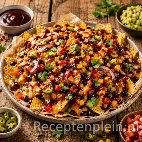 vegetarische BBQ nacho’s op een rustieke houten tafel