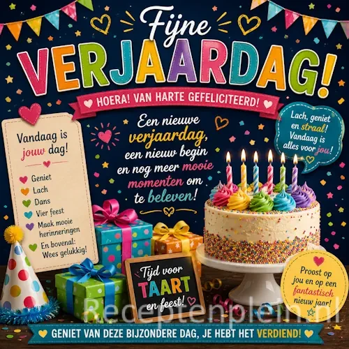 Verjaardag recepten op een rustieke houten tafel met feestelijke hapjes en vrolijke lekkernijen.