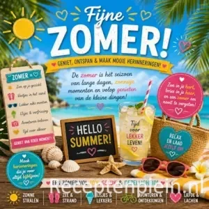 Zomerse recepten op een rustieke houten tafel met frisse gerechten en lichte zomerse hapjes.