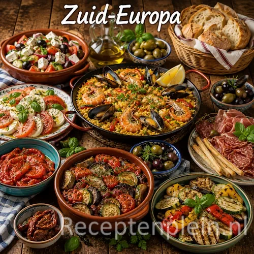 Zuid-Europese recepten op een rustieke houten tafel.