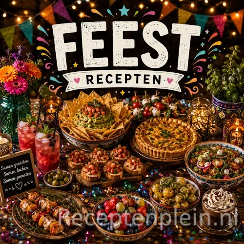 Feest recepten op een rustieke houten tafel.
