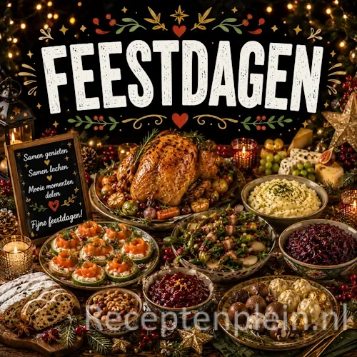 Feestdagen gerechten op een rustieke houten tafel.