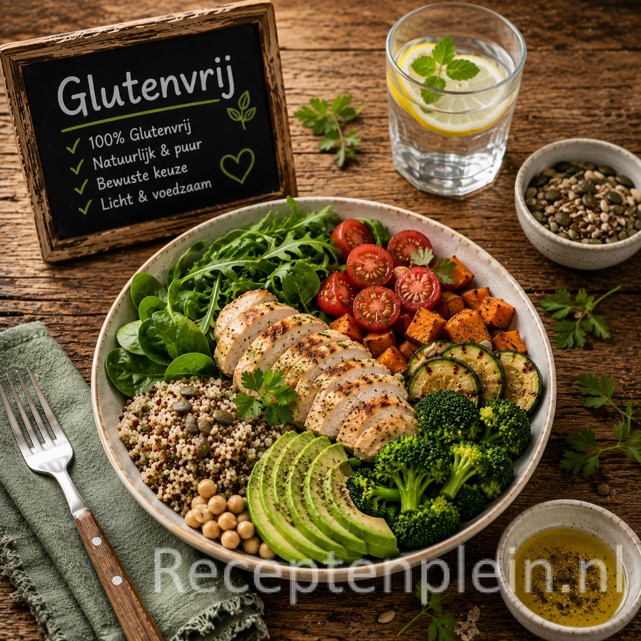 Alt-tekst: Glutenvrije recepten op een rustieke houten tafel.