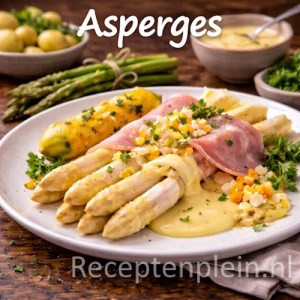 Aspergerecepten met witte en groene asperges, zalm, ham en andere gerechten met asperges op een houten tafel