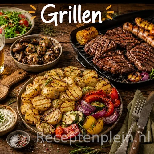 Grillen met gegrilde gerechten op een rustieke houten tafel