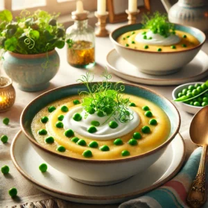 Aardappel-doperwten soep met crème fraîche