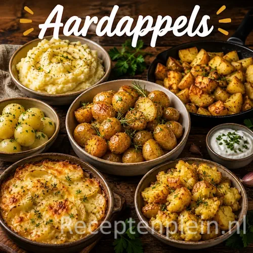 Verschillende aardappelgerechten op een rustieke houten tafel