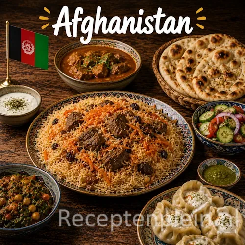 Afghaanse keuken met rijstgerechten, vlees, groenten en traditionele specialiteiten op een rustieke houten tafel