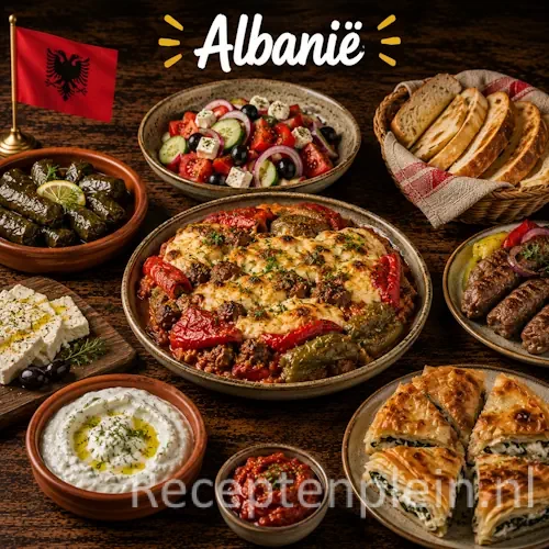 Albaanse keuken met traditionele gerechten, gegrild vlees, groenten en brood op een rustieke houten tafel