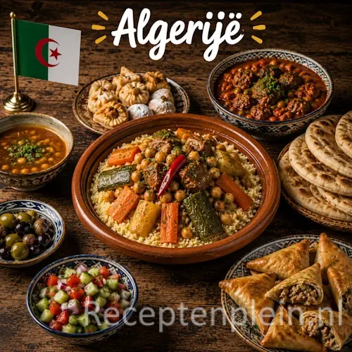 Algerijnse keuken met couscous, stoofgerechten, groenten en traditionele Noord-Afrikaanse gerechten op een rustieke houten tafel