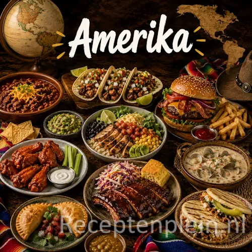 Amerikaanse keuken met barbecuegerechten, burgers, bijgerechten en desserts op een rustieke houten tafel
