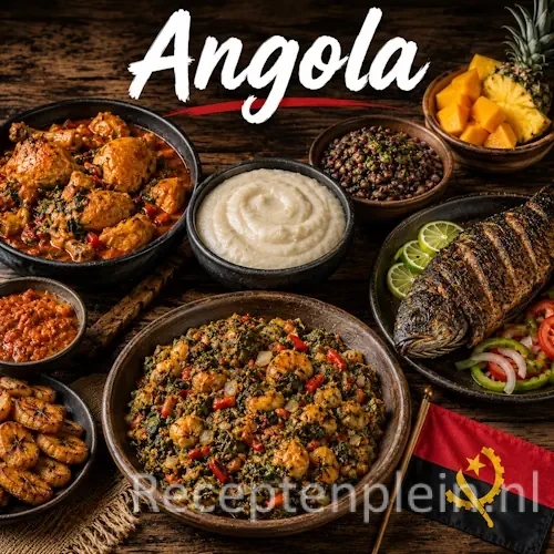 Angolese keuken met visgerechten, stoofpotten, cassave en traditionele Afrikaanse gerechten op een rustieke houten tafel