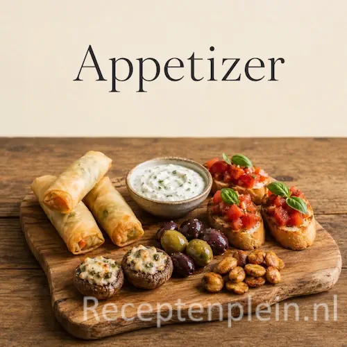 Assorted appetizers with spring rolls, bruschetta, stuffed mushrooms, olives, spiced nuts and herb dip on a rustic wooden table.