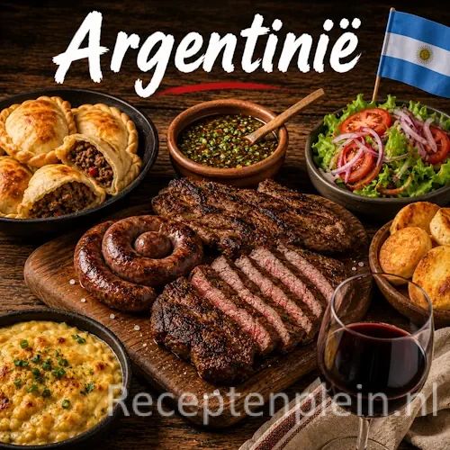 Argentijnse keuken met gegrild vlees, chimichurri, groenten en traditionele Zuid-Amerikaanse gerechten op een rustieke houten tafel
