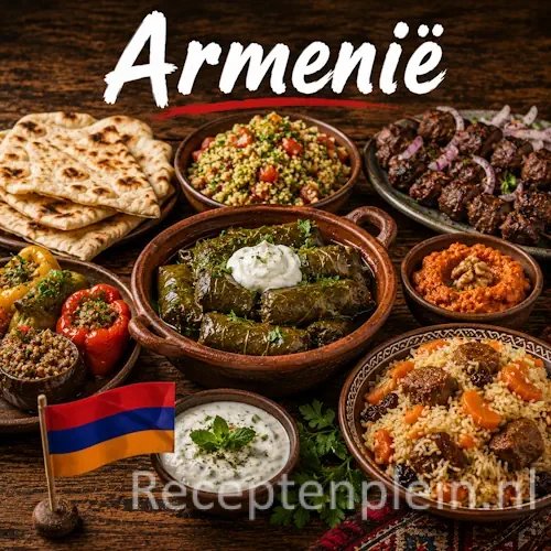Armeense keuken met lavash, gegrild vlees, gevulde groenten en stoofgerechten op een rustieke houten tafel
