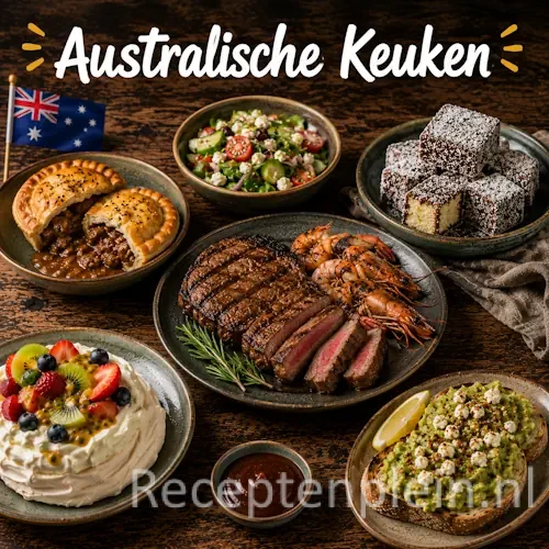 Australische keuken met diverse Australische gerechten op een rustieke houten tafel