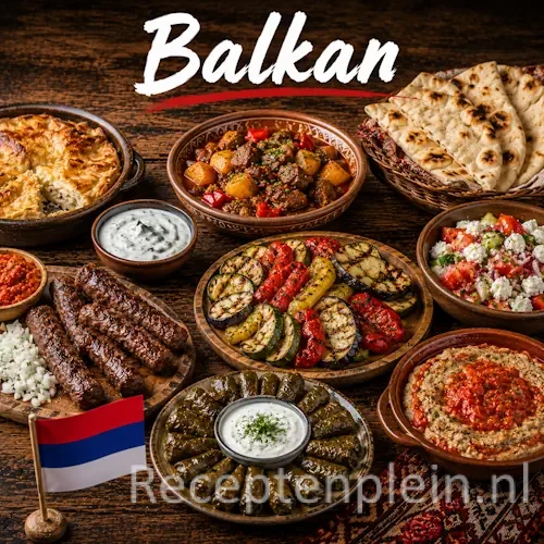 Balkan keuken met gegrild vlees, salades, brood en traditionele gerechten op een rustieke houten tafel