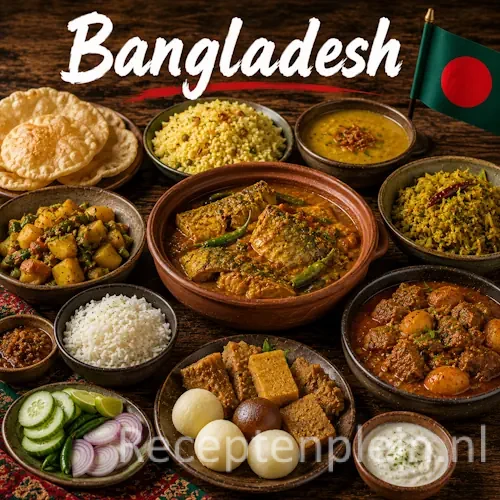 Bengaalse keuken met rijst, visgerechten, curry's en traditionele gerechten uit Bangladesh op een rustieke houten tafel