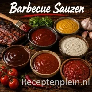 Barbecue sauzen in schaaltjes met kruiden en specerijen op een rustieke houten tafel