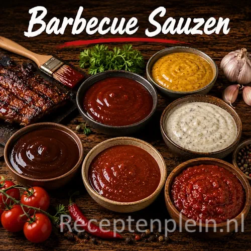Barbecue sauzen in schaaltjes met kruiden en specerijen op een rustieke houten tafel