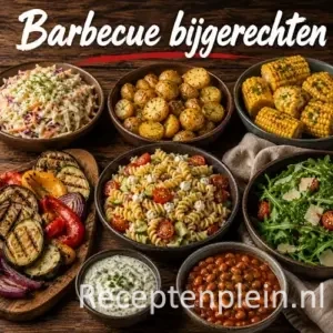 Barbecue bijgerechten met salades, aardappelgerechten en gegrilde groenten op een rustieke houten tafel