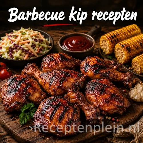 Gegrilde barbecuekip met bijgerechten op een rustieke houten tafel.