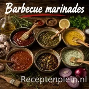 Barbecue marinades met kruiden, olie en specerijen op een rustieke houten tafel