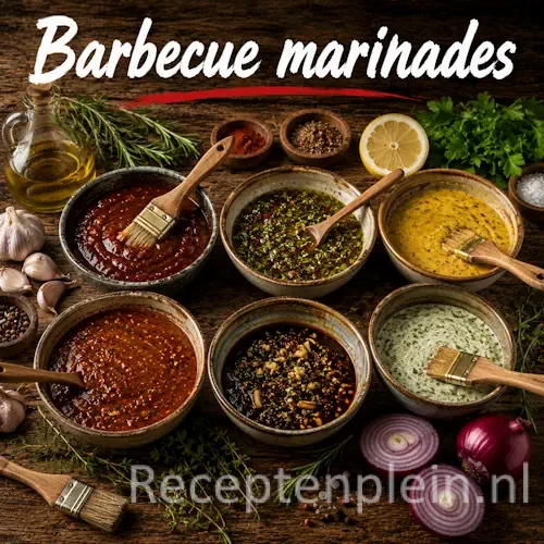 Barbecue marinades met kruiden, olie en specerijen op een rustieke houten tafel