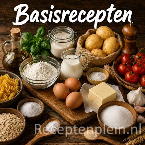 Basisrecepten met sauzen, kruidenmengsels en andere basisbereidingen op een rustieke houten tafel