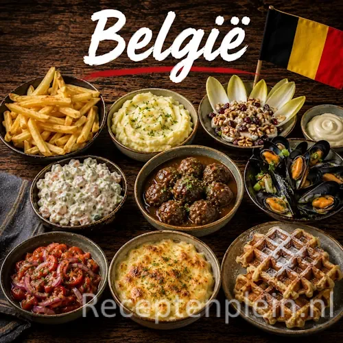 Belgische keuken met stoofvlees, mosselen, frieten, wafels en andere Belgische specialiteiten op een rustieke houten tafel