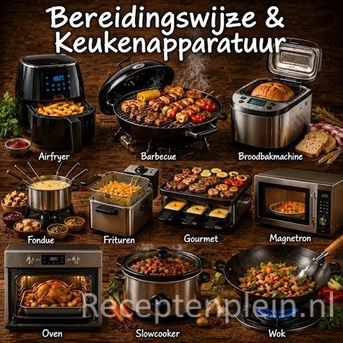 Bereidingswijze en keukenapparatuur met airfryer, barbecue, oven, slowcooker en diverse gerechten op een rustieke houten tafel