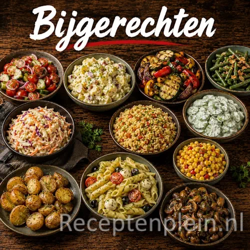 Bijgerechten met aardappelen, groenten en salades op een rustieke houten tafel