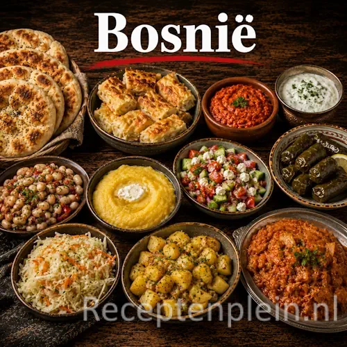 Bosnische keuken met ćevapi, burek, brood, salades en traditionele Balkan-gerechten op een rustieke houten tafel