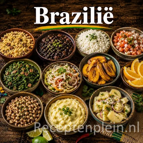 Braziliaanse keuken met churrasco, rijst, bonen, tropisch fruit en traditionele gerechten uit Brazilië op een rustieke houten tafel