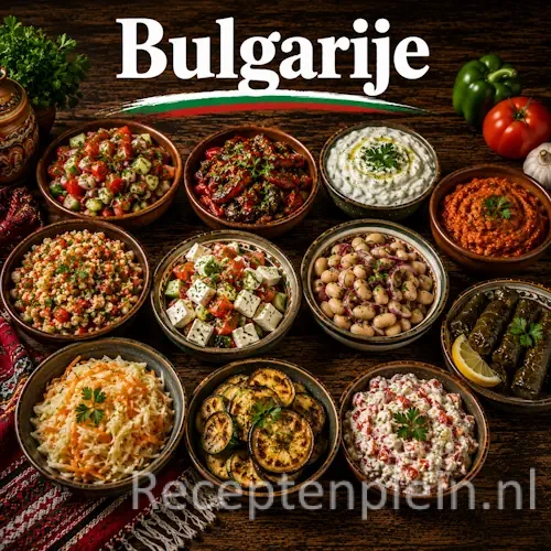 Bulgaarse keuken met gegrild vlees, yoghurt, salades en traditionele Balkan-gerechten op een rustieke houten tafel