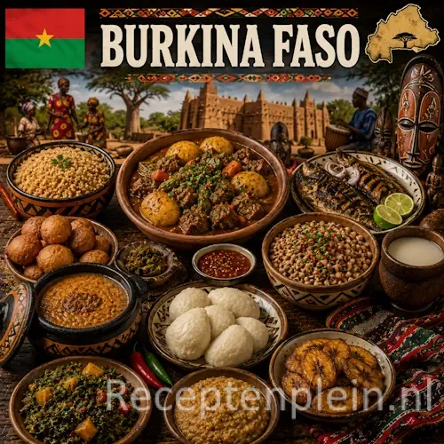 Burkinese keuken met rijst, pindasaus, groenten en traditionele gerechten uit Burkina Faso op een rustieke houten tafel