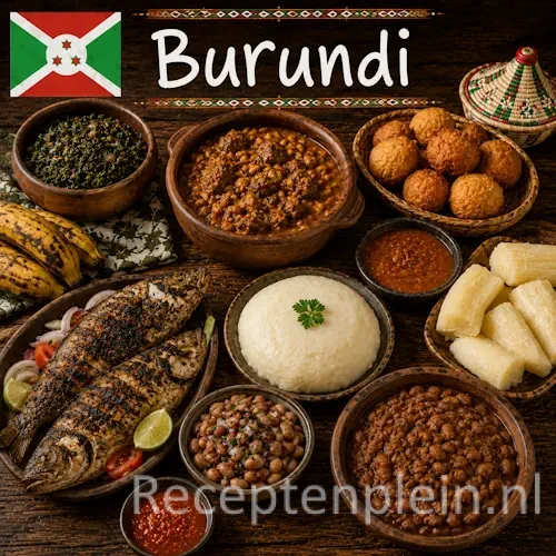 Burundese keuken met bonen, cassave, groenten en traditionele gerechten uit Burundi op een rustieke houten tafel