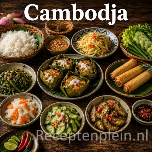 Cambodjaanse keuken met rijst, noedels, curry's, visgerechten en traditionele specialiteiten uit Cambodja op een rustieke houten tafel