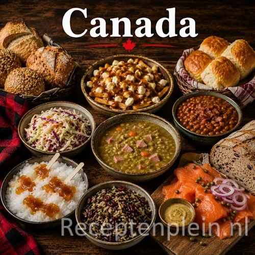 Canadese keuken met poutine, zalm, wildgerechten en traditionele specialiteiten uit Canada op een rustieke houten tafel