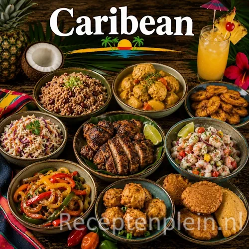 Caribische keuken met tropische gerechten, gegrilde vis, rijst, fruit en kleurrijke eilandspecialiteiten op een rustieke houten tafel