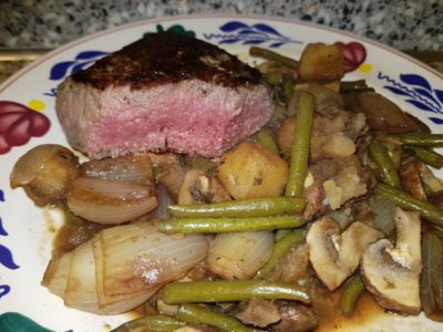 Champignons, haricots verts en krieltjes in balsamico