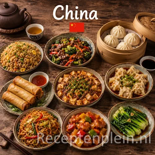 Chinese keuken met noedels, dumplings, rijstgerechten en traditionele gerechten uit China op een rustieke houten tafel