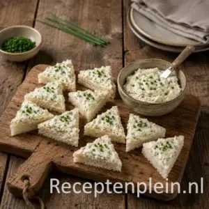 Cocktail Sandwich Spread met smeerkaas en bieslook geserveerd op toastjes en sandwiches