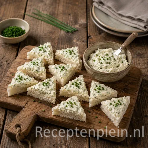 Cocktail Sandwich Spread met smeerkaas en bieslook geserveerd op toastjes en sandwiches